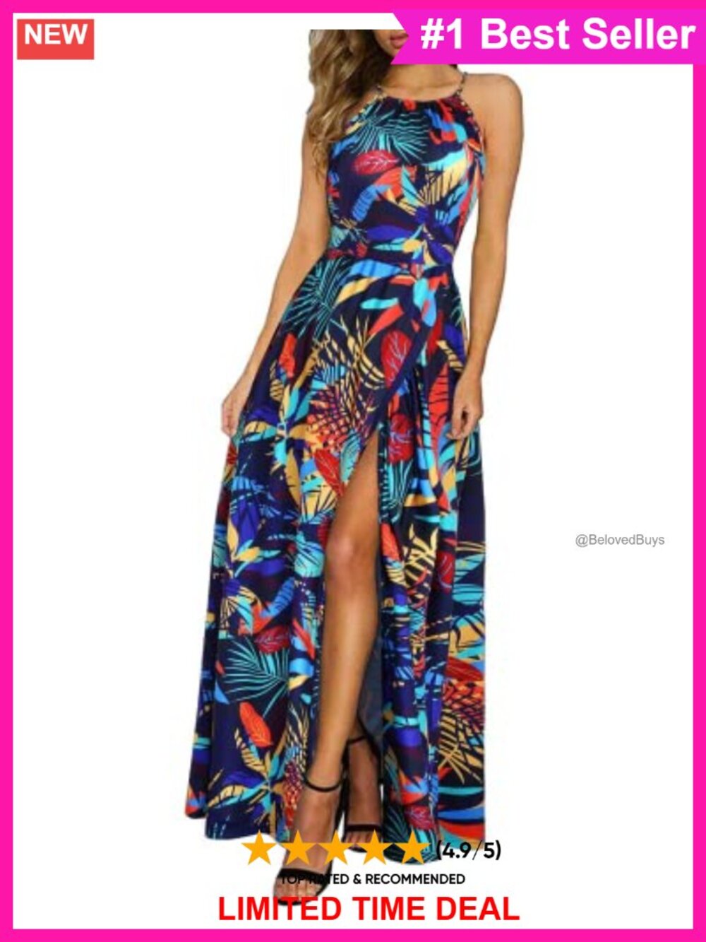 Women's Floral Halter Split Maxi Dress Beach Summer Flowy